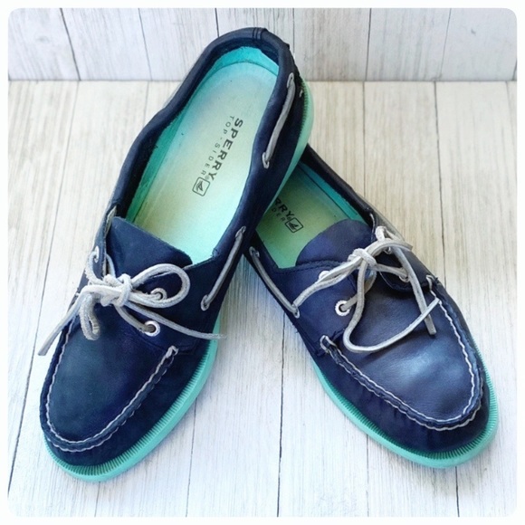 blue leather boat shoes